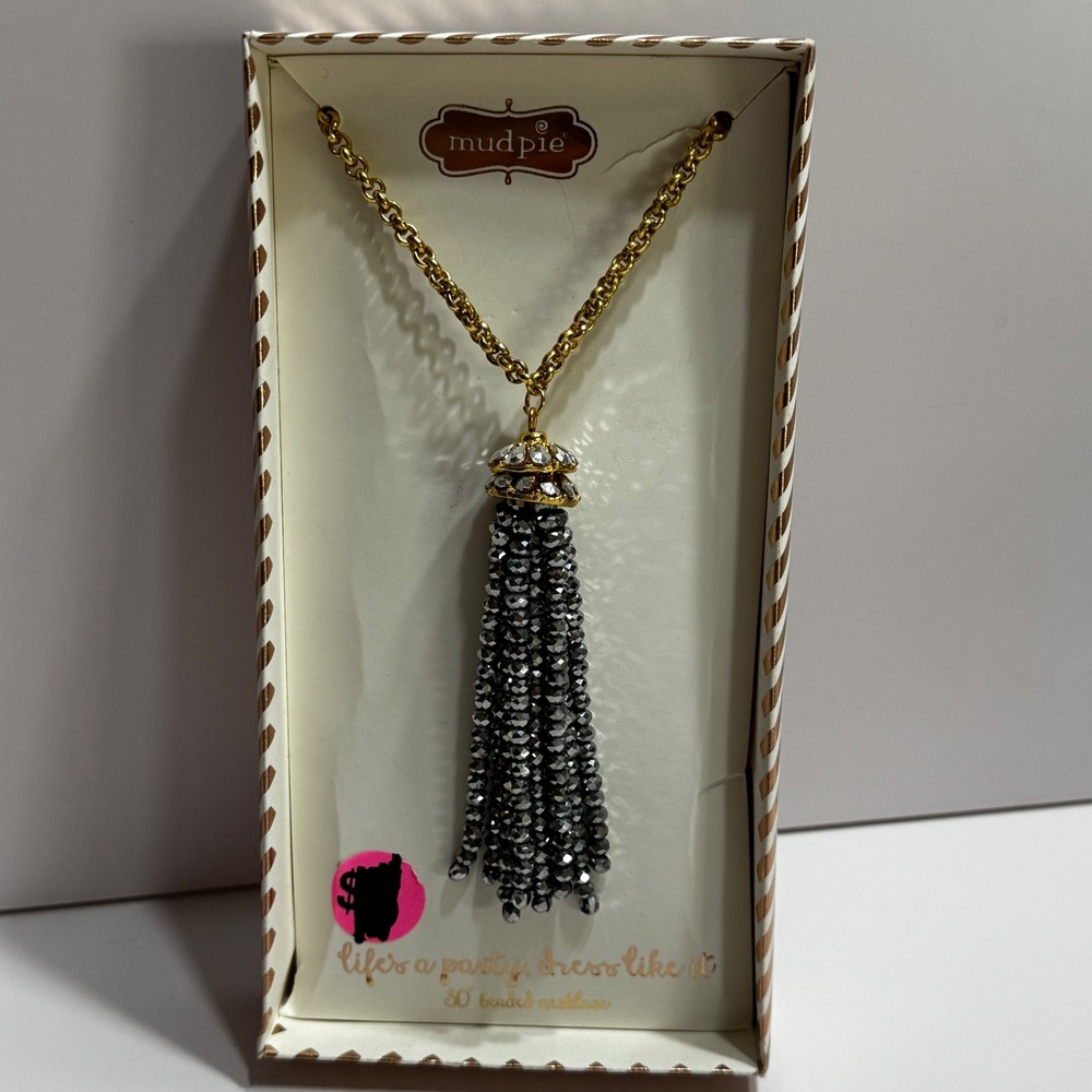 Mud Pie Sparkler Tassel Necklace Gold Tone Grey Silver Beaded 30 Inch 8603235GY